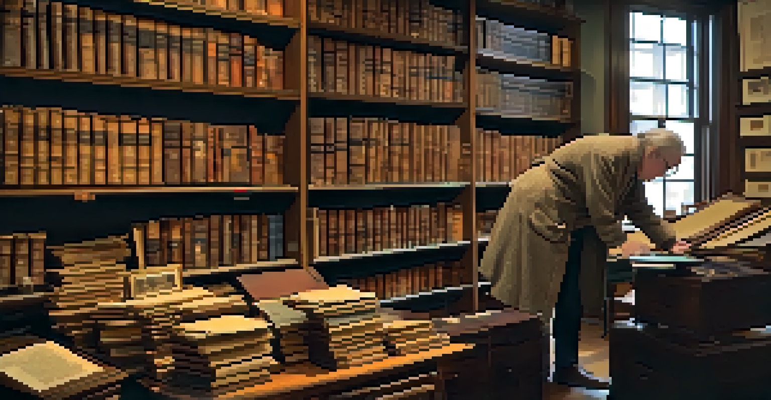 An archive room filled with old books and artifacts, warmly lit with a volunteer handling a historical item.
