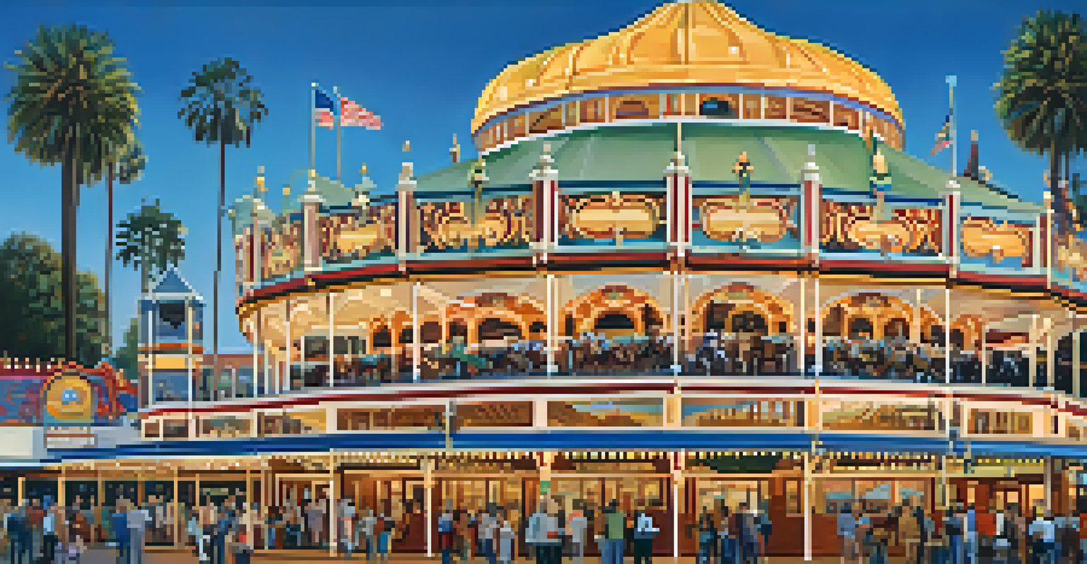 Close-up of the restored Santa Monica Looff Hippodrome with families enjoying the carousel, showcasing architectural details.
