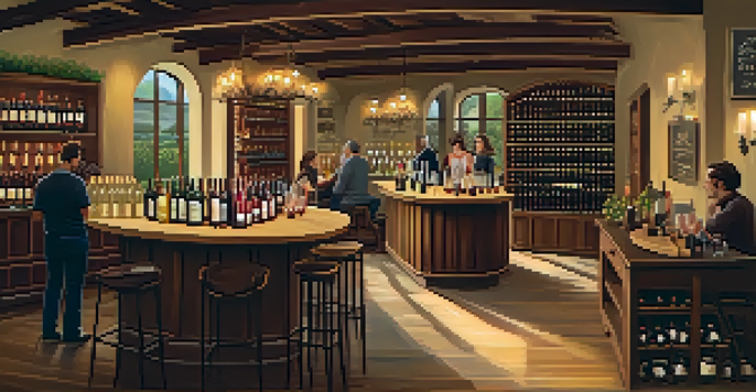 A cozy wine tasting room with warm lighting, wooden tables, and shelves of wine bottles, where a host pours wine into glasses alongside a cheese platter.