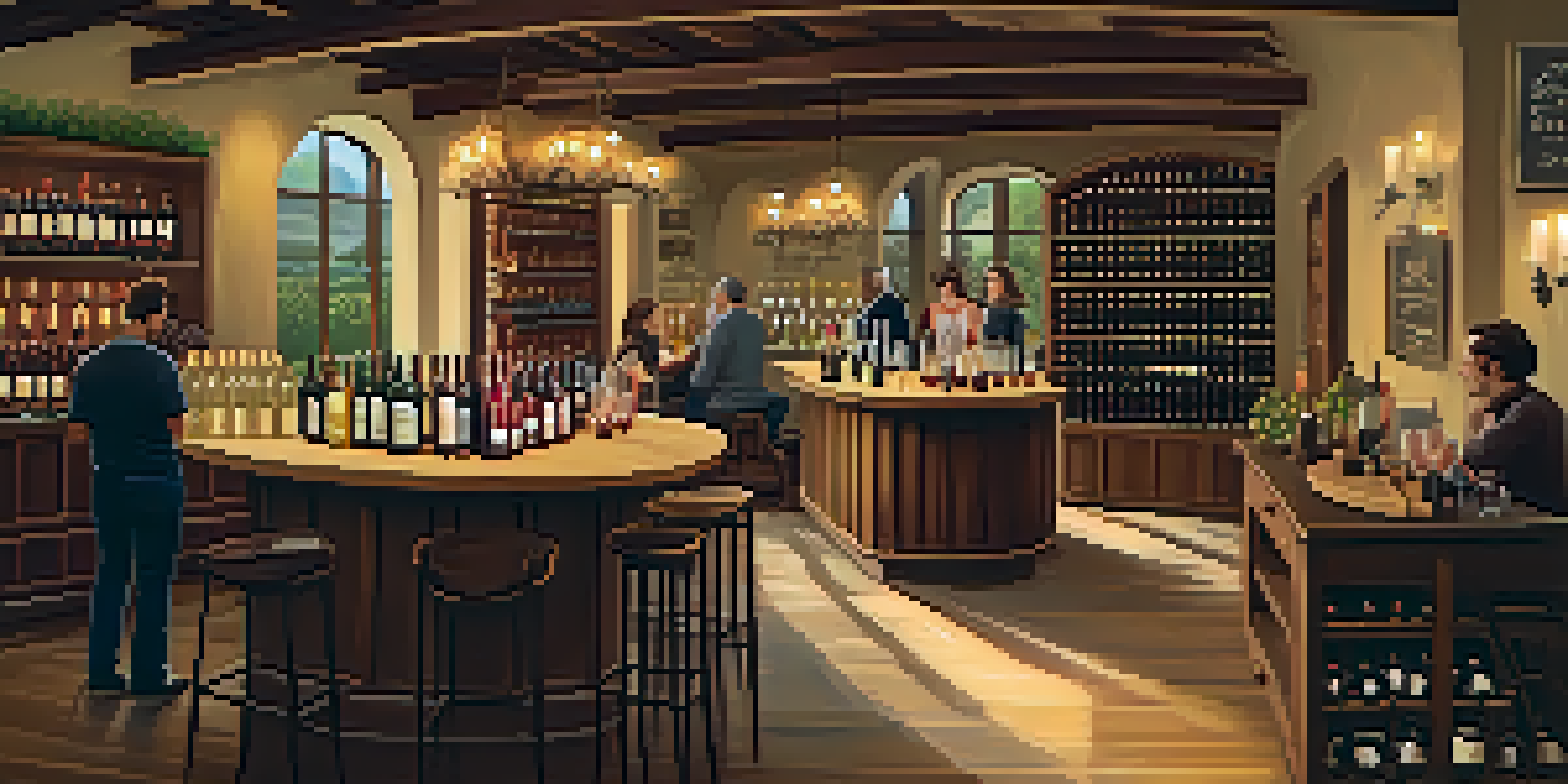 A cozy wine tasting room with warm lighting, wooden tables, and shelves of wine bottles, where a host pours wine into glasses alongside a cheese platter.