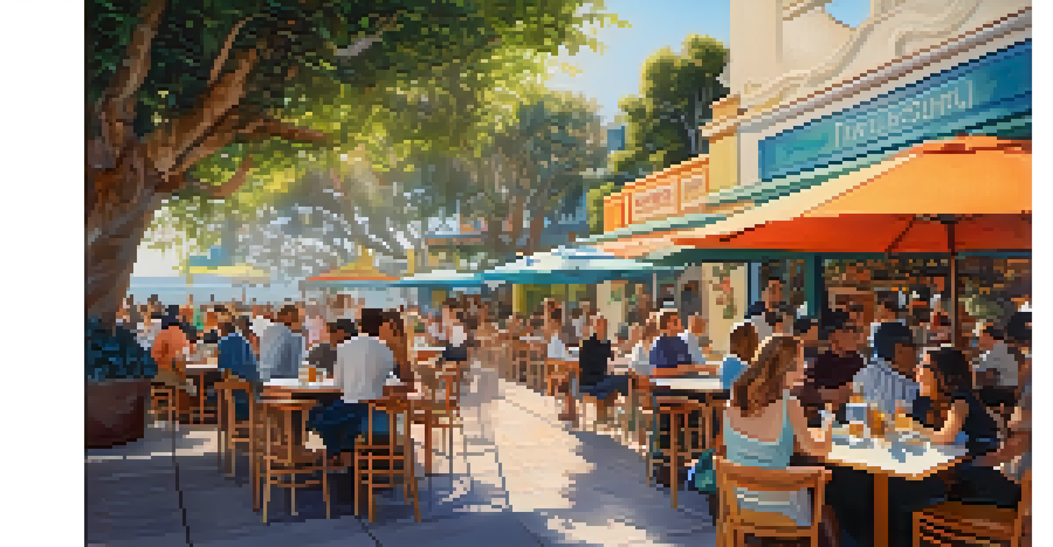 A colorful outdoor café in Ocean Park, Santa Monica, with people and murals, illuminated by afternoon light.