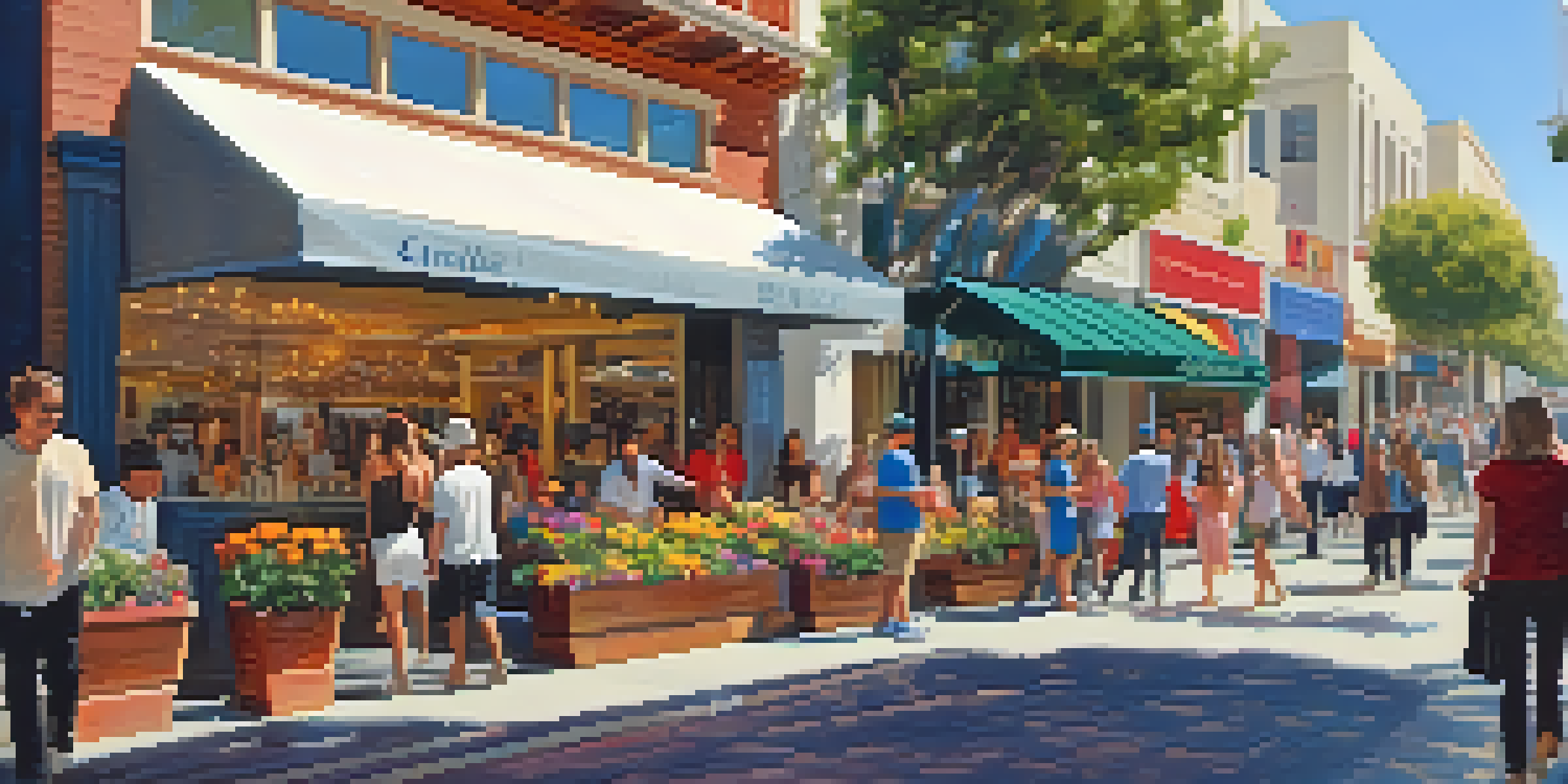 A lively shopping area filled with people, colorful shops, and street performers under the bright California sun.