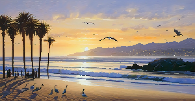 A sunset view of Santa Monica Beach with seabirds and gentle waves, silhouetted palm trees in the background.