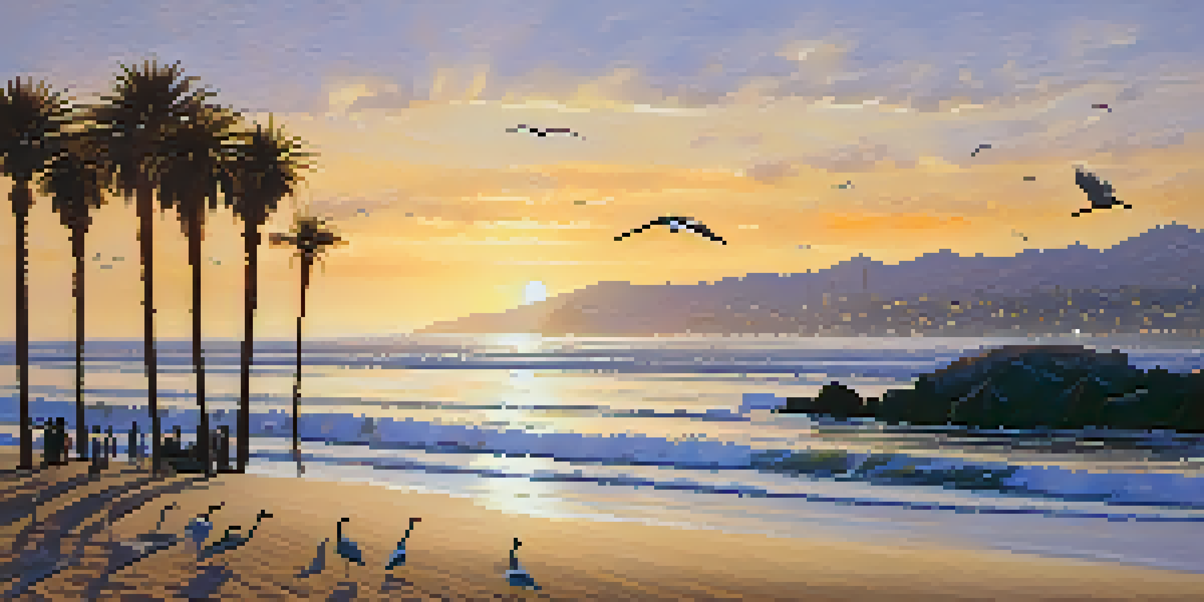 A sunset view of Santa Monica Beach with seabirds and gentle waves, silhouetted palm trees in the background.