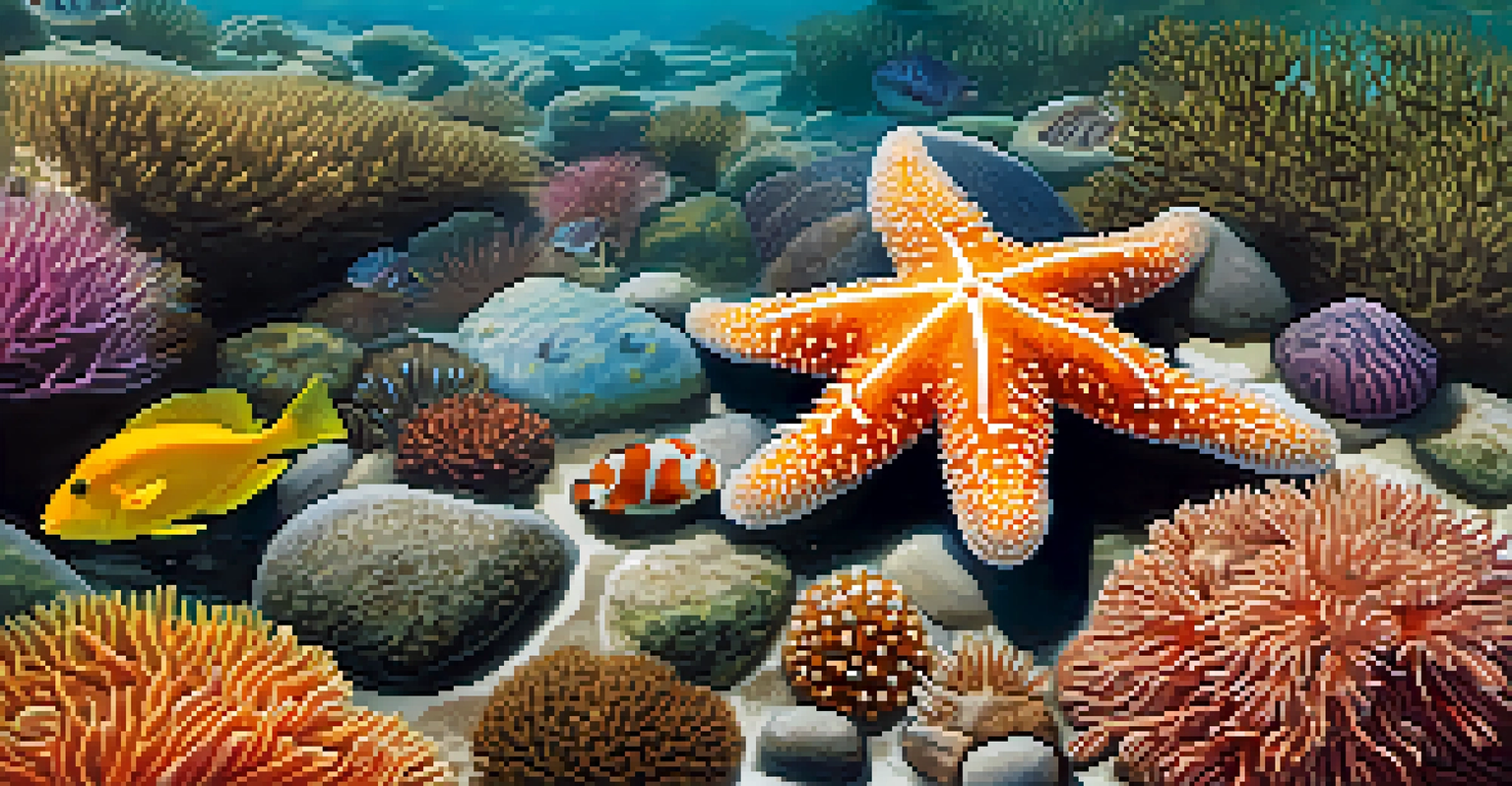 A close-up view of a tide pool with starfish, sea urchins, and anemones under sunlight.