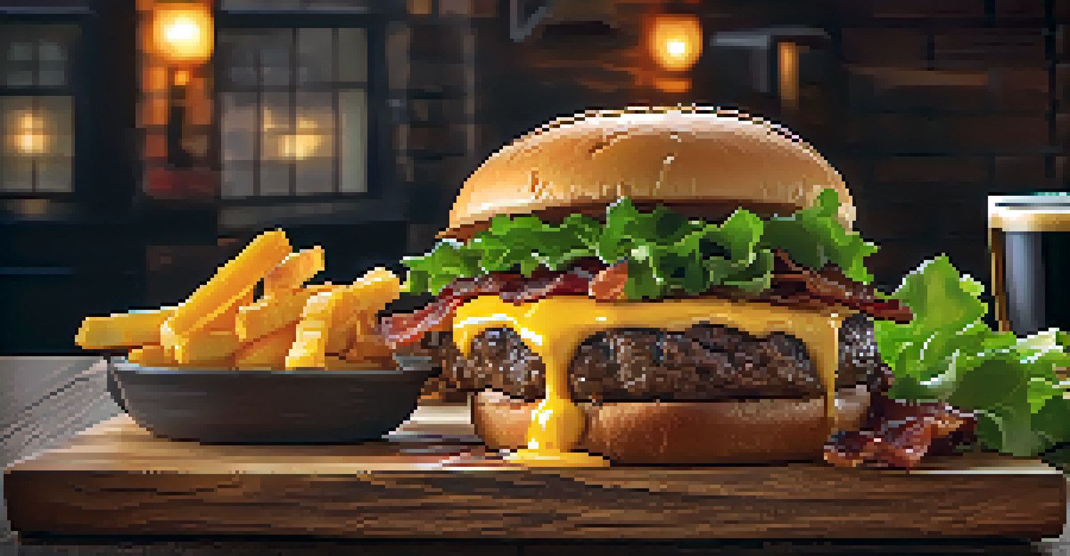 A delicious burger with bacon and cheese on a wooden board next to a dark porter beer in a cozy restaurant setting.
