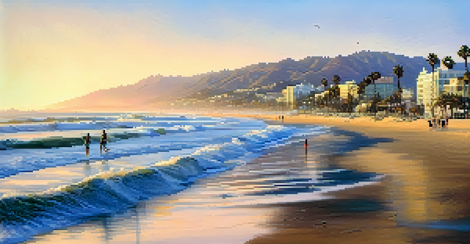 A scenic view of Santa Monica State Beach at sunrise with golden sands, sparkling ocean, and mountains in the background.