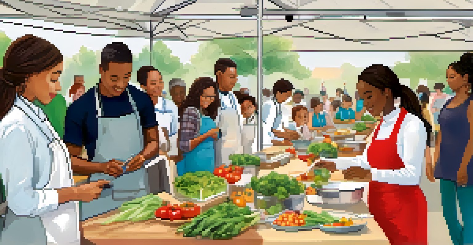 A nutritionist leading a cooking demonstration at a health fair, with attendees sampling healthy snacks and engaging in the workshop.