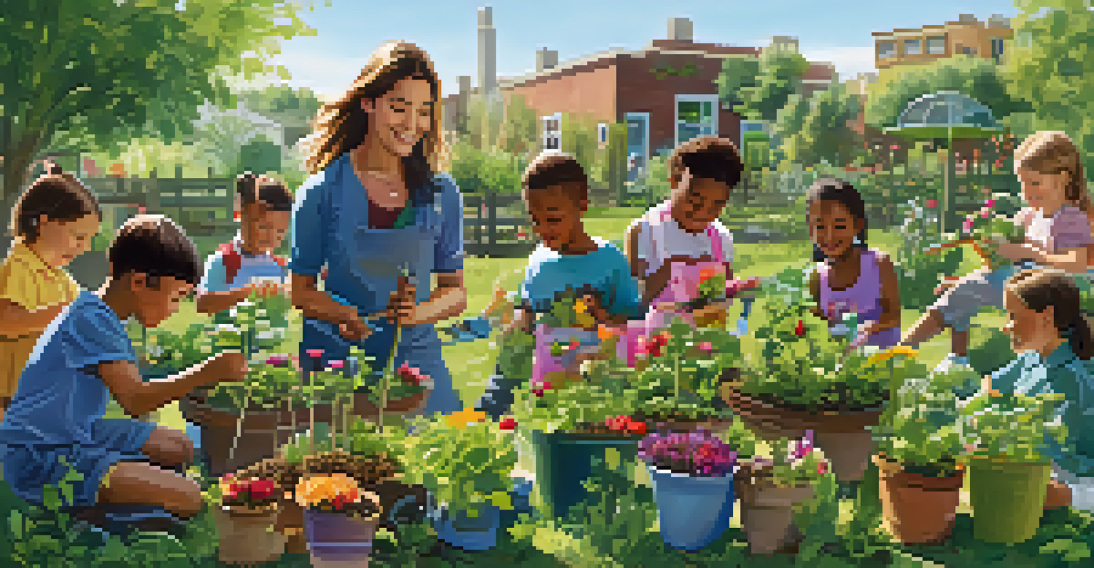 Children participating in a gardening workshop in a community garden, learning about planting techniques from a cheerful instructor.