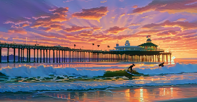 A sunset view of Santa Monica beach with surfers in the waves and the Santa Monica Pier in the background.