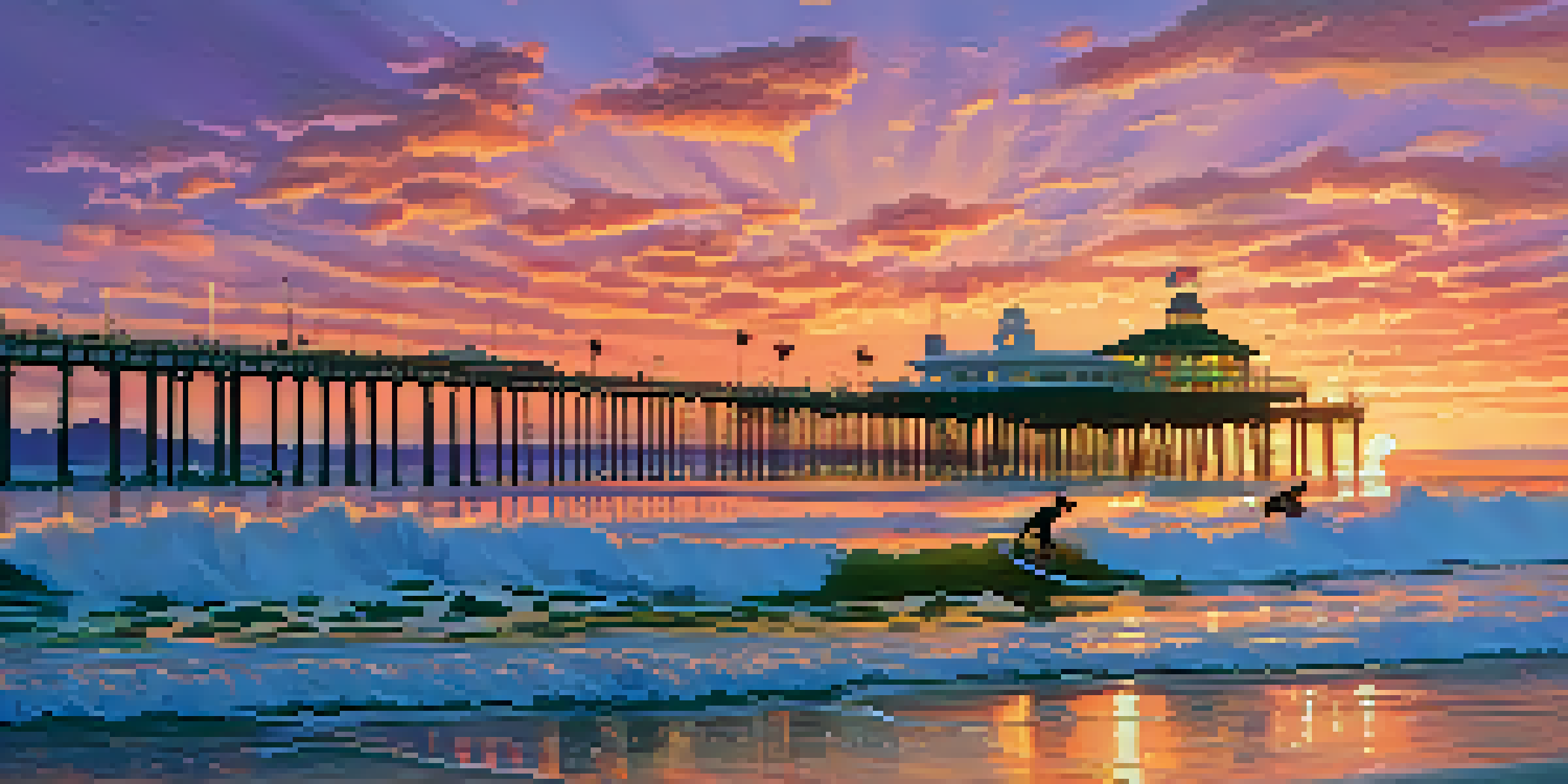 A sunset view of Santa Monica beach with surfers in the waves and the Santa Monica Pier in the background.