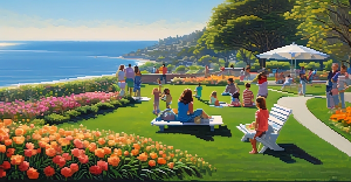 Families having picnics and children playing in Palisades Park with ocean views in the background.