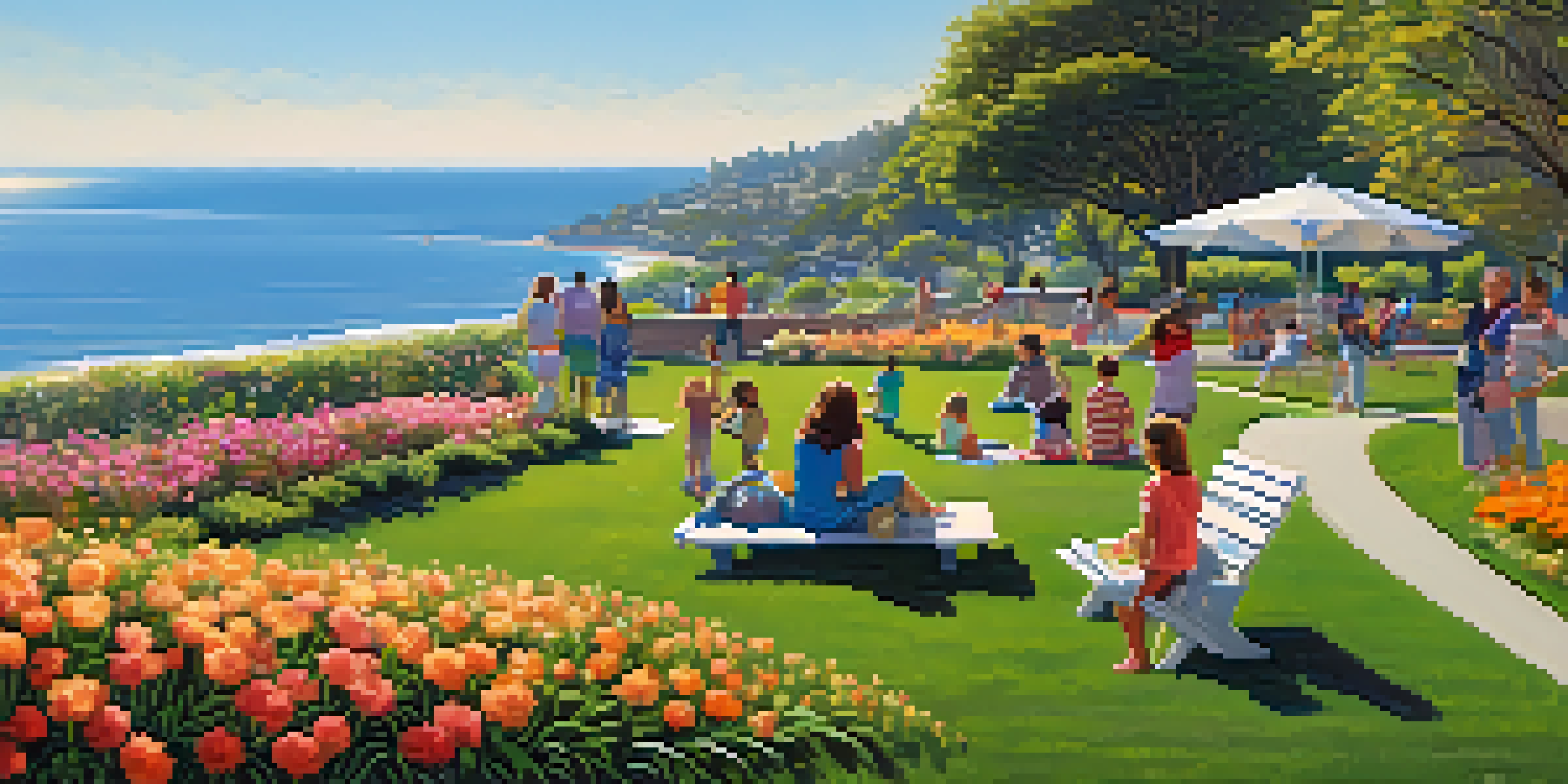 Families having picnics and children playing in Palisades Park with ocean views in the background.