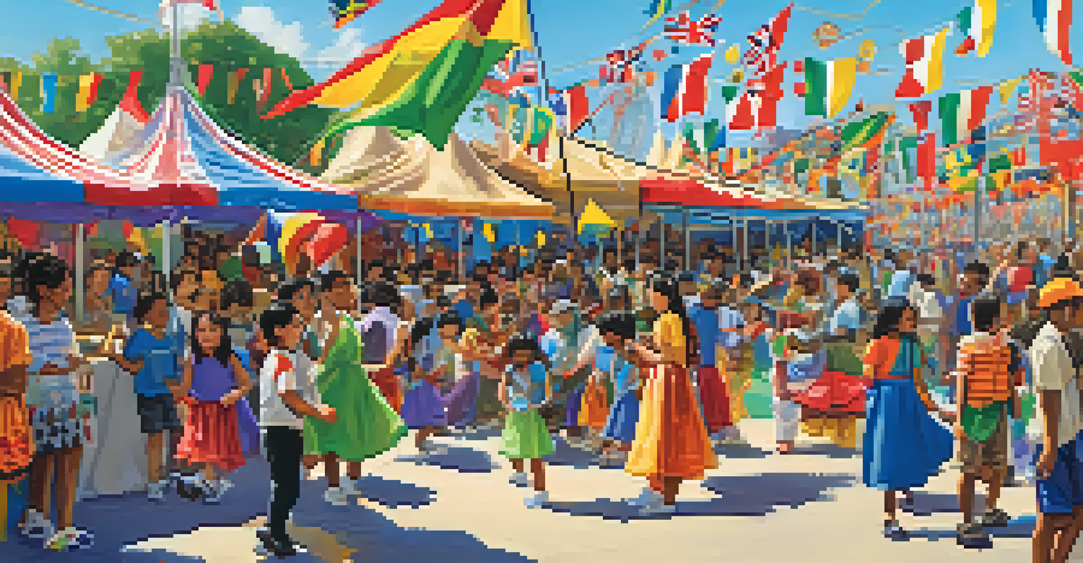 A multicultural fair at a school with families enjoying food, crafts, and performances under a sunny sky.