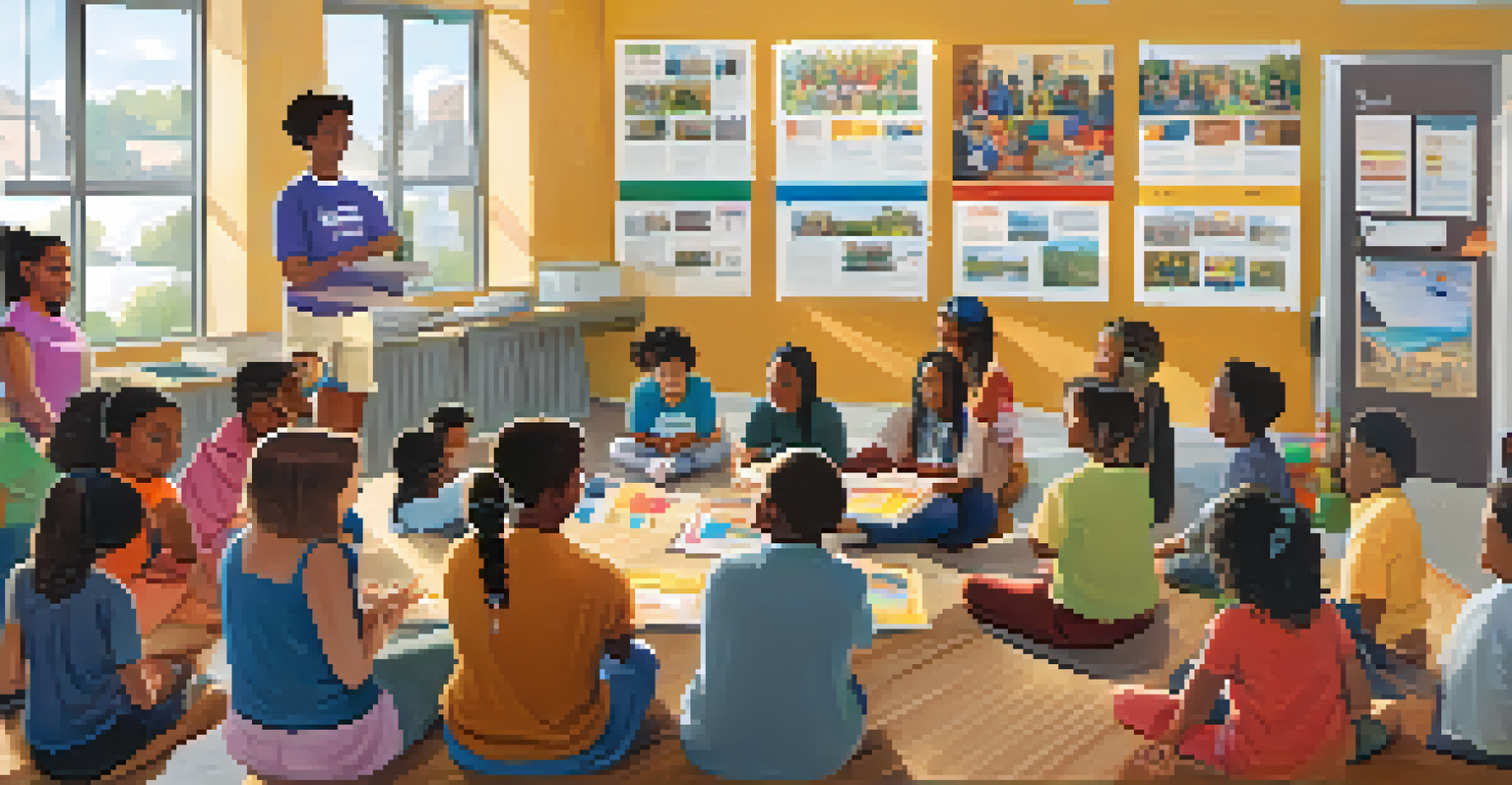 A diverse group of individuals participating in an educational workshop at a community center, discussing social justice issues with educational materials around them.