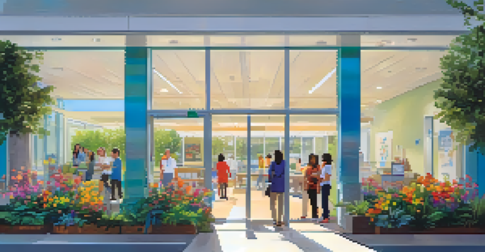 A welcoming Santa Monica primary care clinic with large glass doors, surrounded by greenery and flowers, and friendly staff interacting with patients inside.