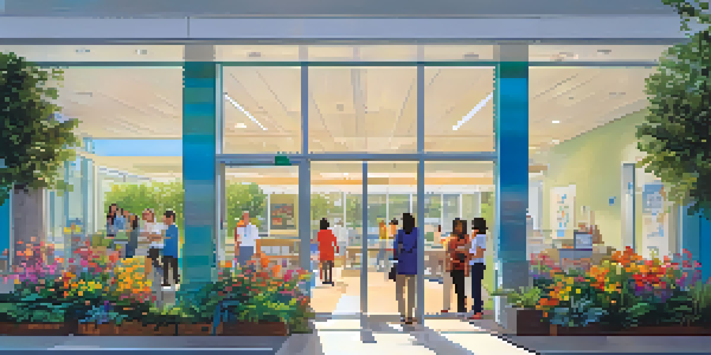 A welcoming Santa Monica primary care clinic with large glass doors, surrounded by greenery and flowers, and friendly staff interacting with patients inside.