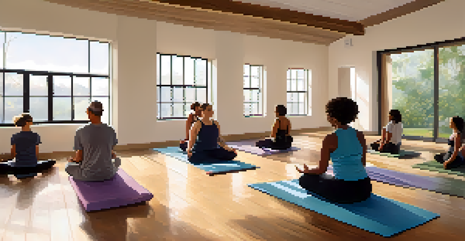 A peaceful indoor yoga class with participants practicing poses under warm natural light, led by an enthusiastic instructor.