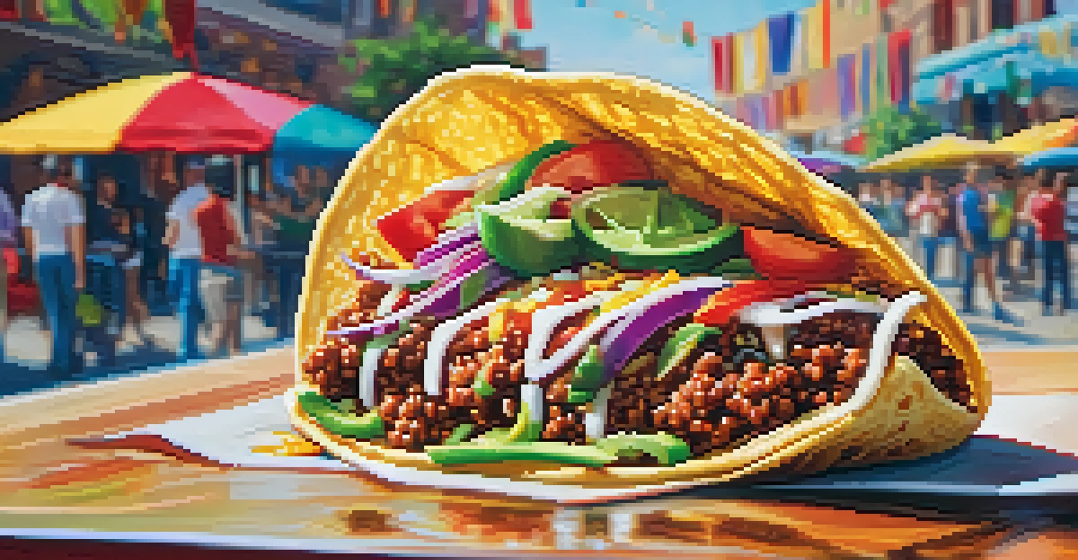 A close-up of a colorful fusion taco filled with fresh ingredients, set against a blurred background of people at a food festival.