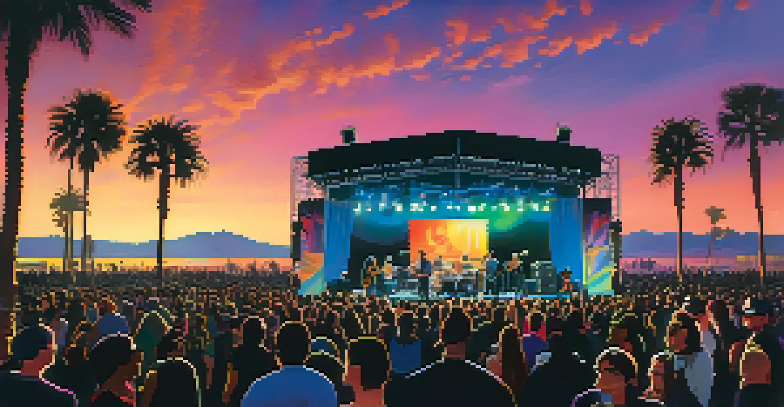 An evening music festival in Santa Monica with musicians performing on stage and a vibrant crowd enjoying the show.