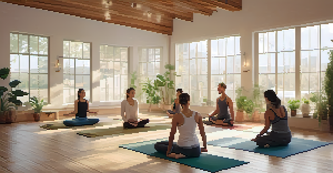 A tranquil yoga studio with practitioners in a gentle yoga session, surrounded by plants and natural light.