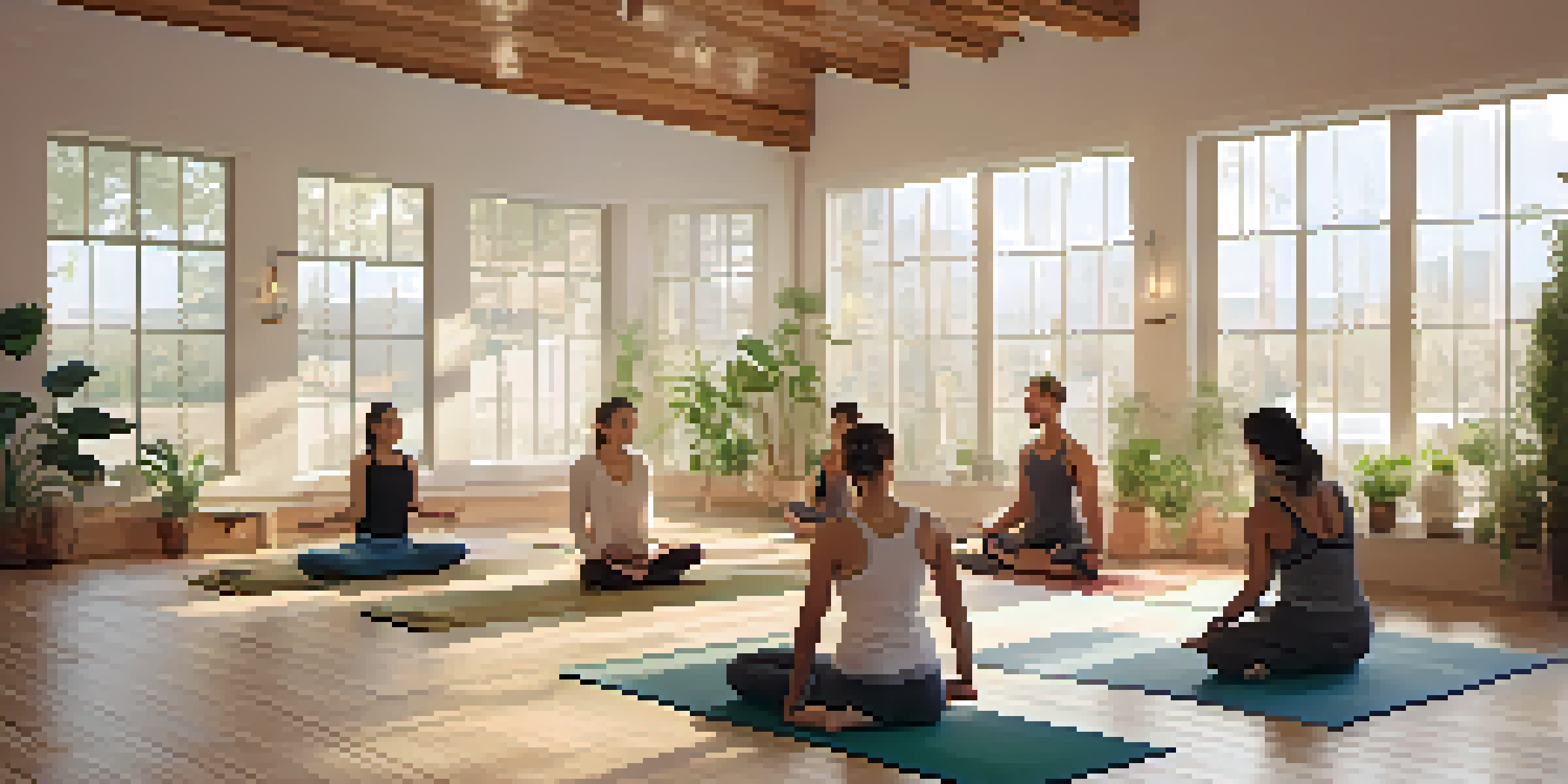A tranquil yoga studio with practitioners in a gentle yoga session, surrounded by plants and natural light.