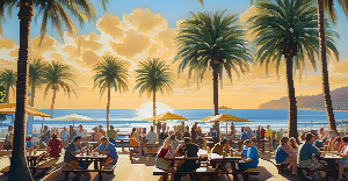 A lively outdoor brewery in Santa Monica with people enjoying craft beers at picnic tables under palm trees.