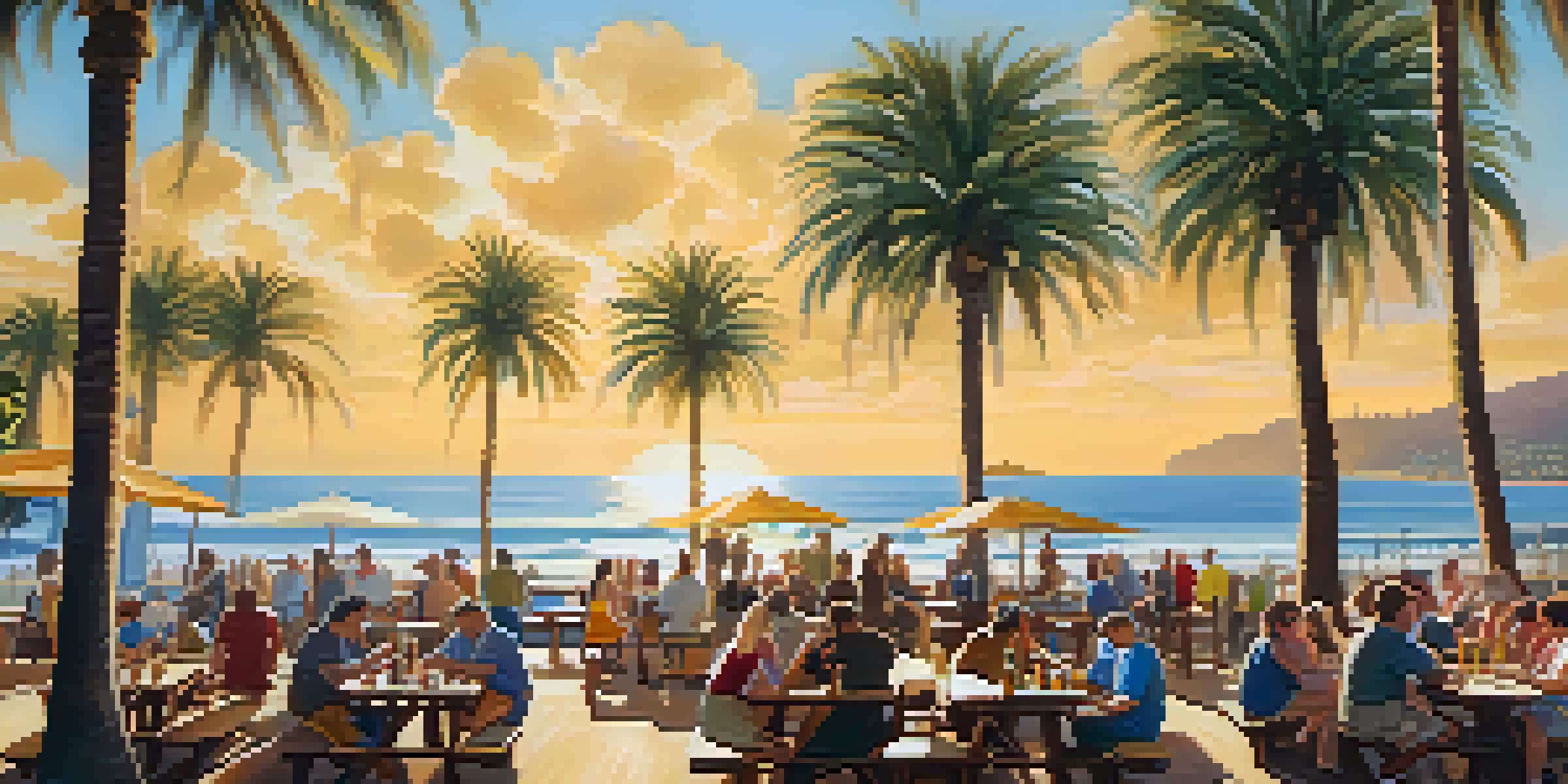 A lively outdoor brewery in Santa Monica with people enjoying craft beers at picnic tables under palm trees.