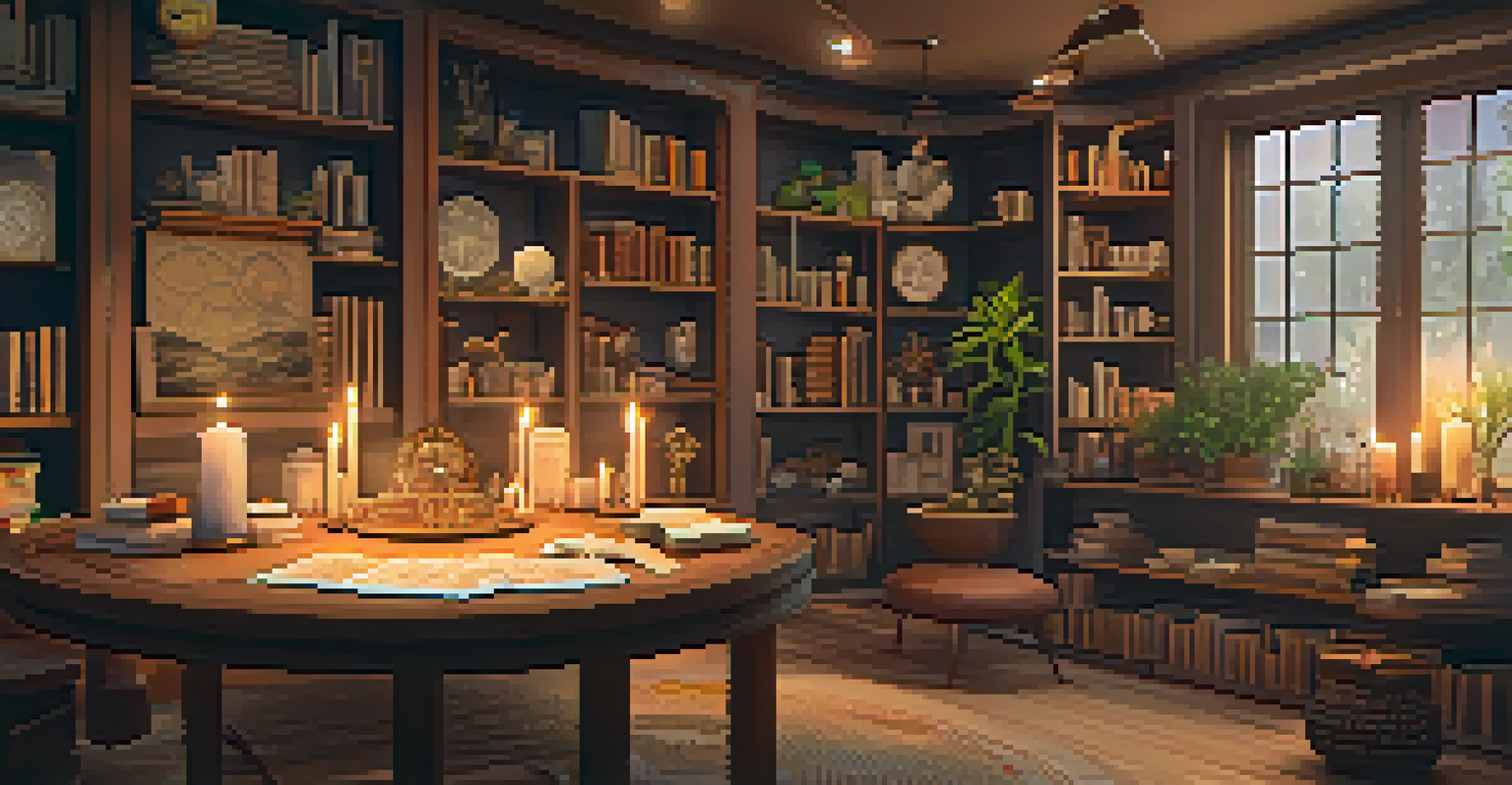 A cozy room arranged for an astrology workshop, with a round table covered in astrological charts and tarot cards, surrounded by warm lighting and wellness decor.