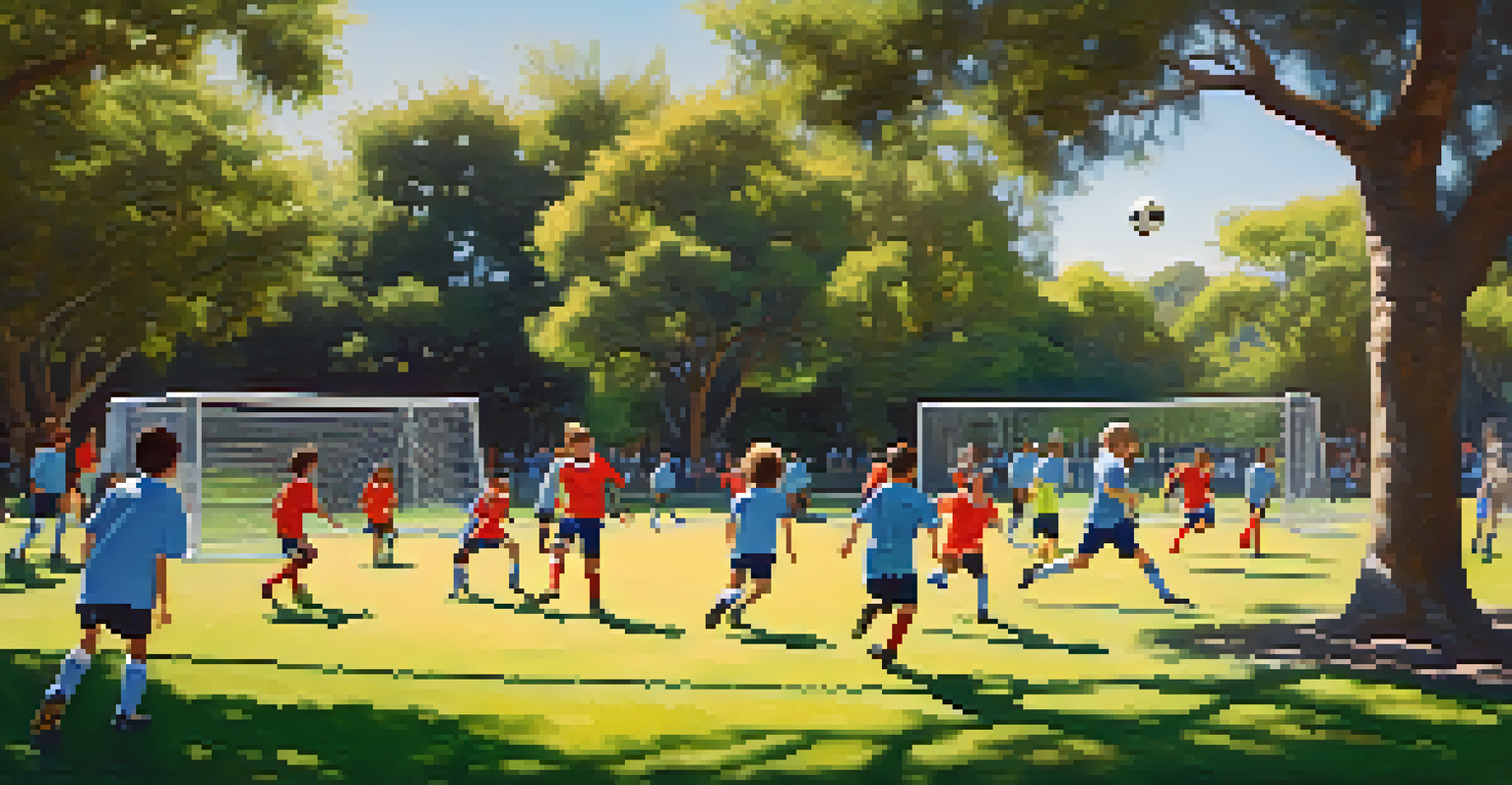 Young athletes playing soccer in a Santa Monica park, showcasing skill and teamwork under a blue sky.