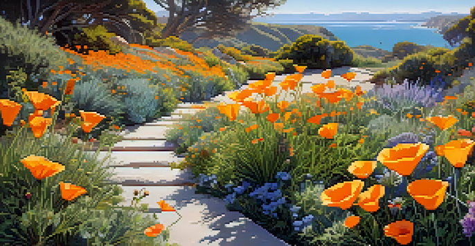 A colorful garden featuring California native plants, with hummingbirds and butterflies among the flowers, under a blue sky.