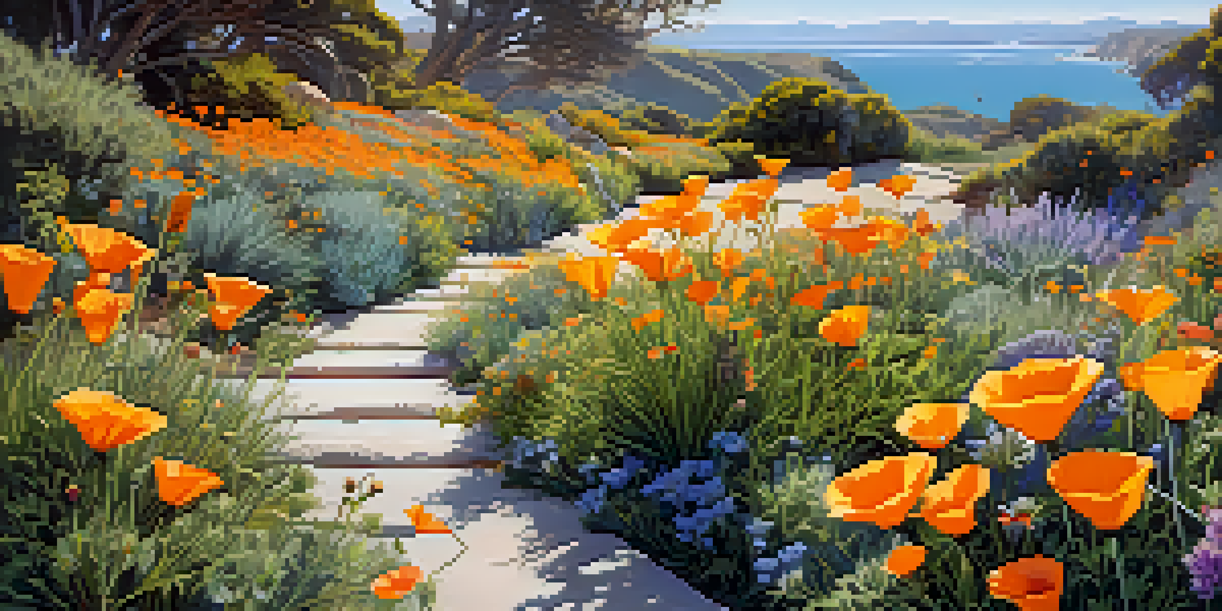 A colorful garden featuring California native plants, with hummingbirds and butterflies among the flowers, under a blue sky.