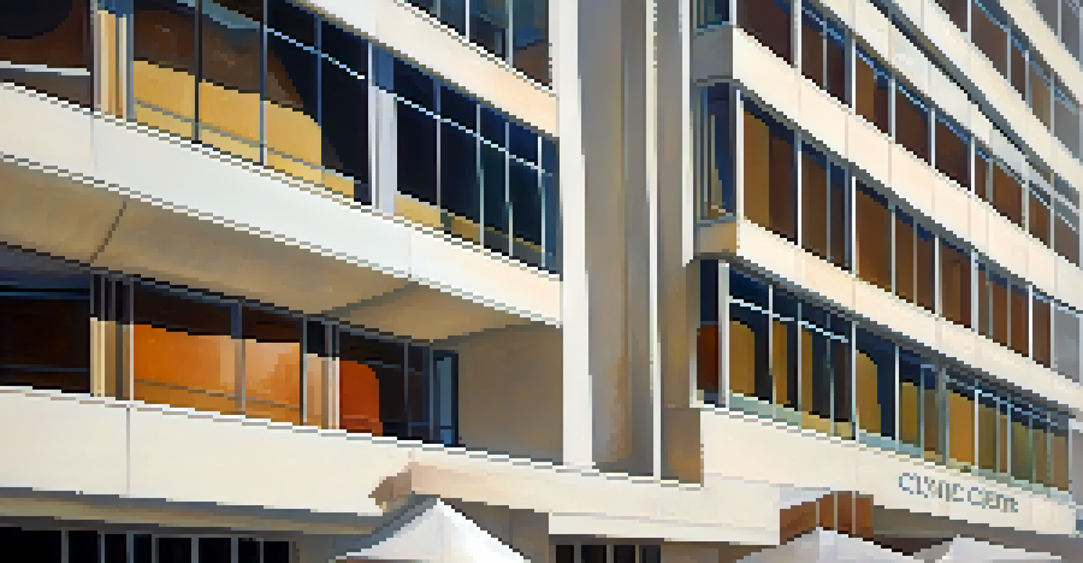 A close-up view of the modern architectural details of the Santa Monica Civic Center, showcasing clean lines and natural light.