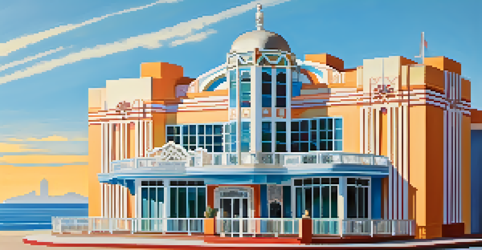 An Art Deco building at Santa Monica Pier with geometric shapes and vibrant colors, set against the ocean at sunset.