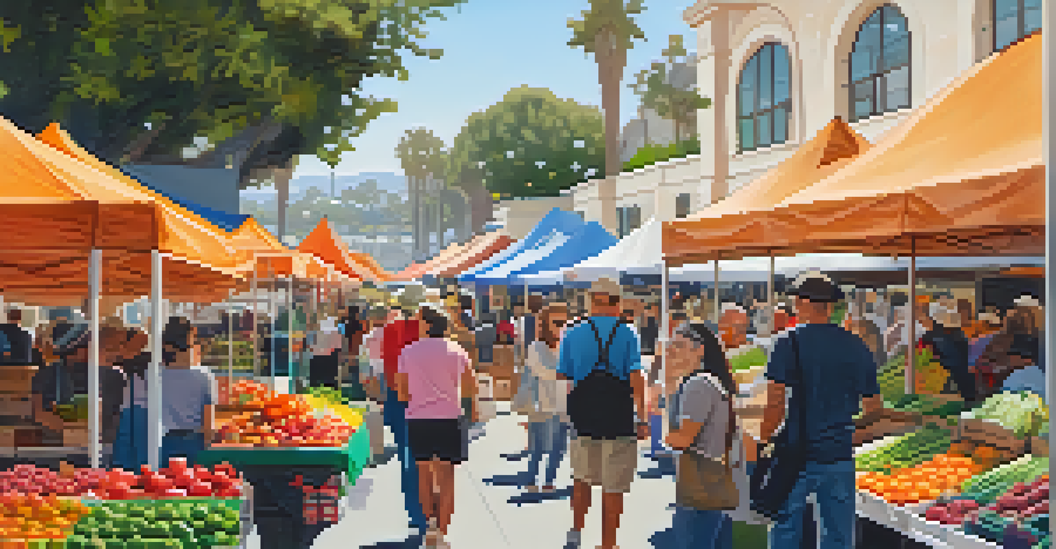 A bustling farmers' market in Santa Monica with vibrant stalls of fresh produce and local crafts.