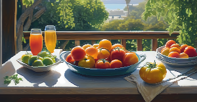 A wooden table set with colorful organic dishes and fresh ingredients in a sunny outdoor setting, highlighting a farm-to-table dining experience.