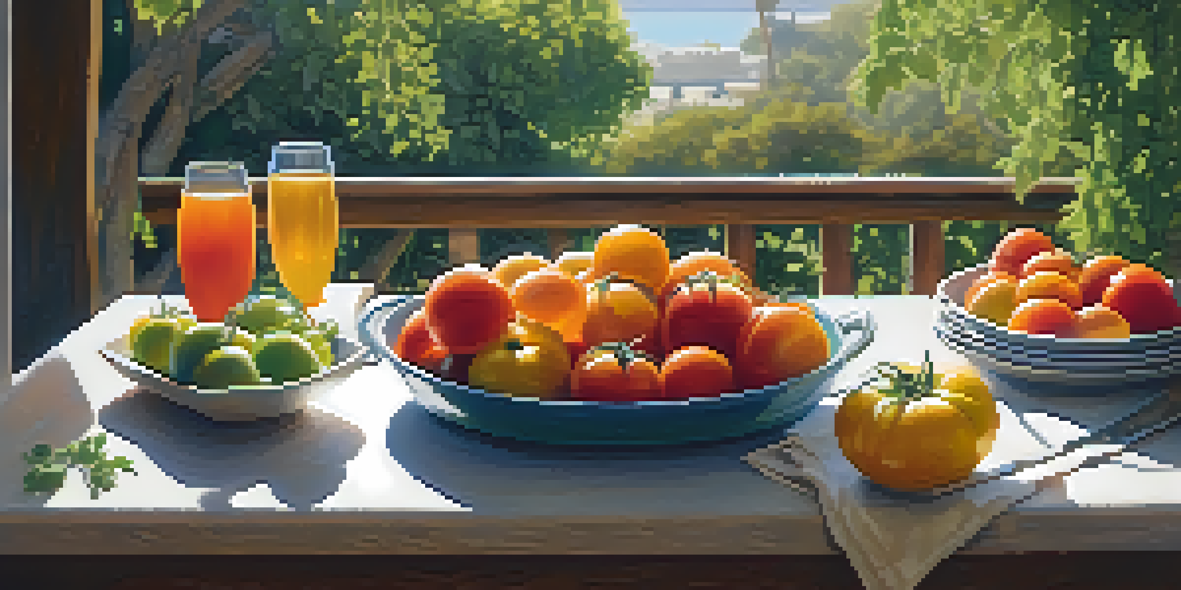 A wooden table set with colorful organic dishes and fresh ingredients in a sunny outdoor setting, highlighting a farm-to-table dining experience.