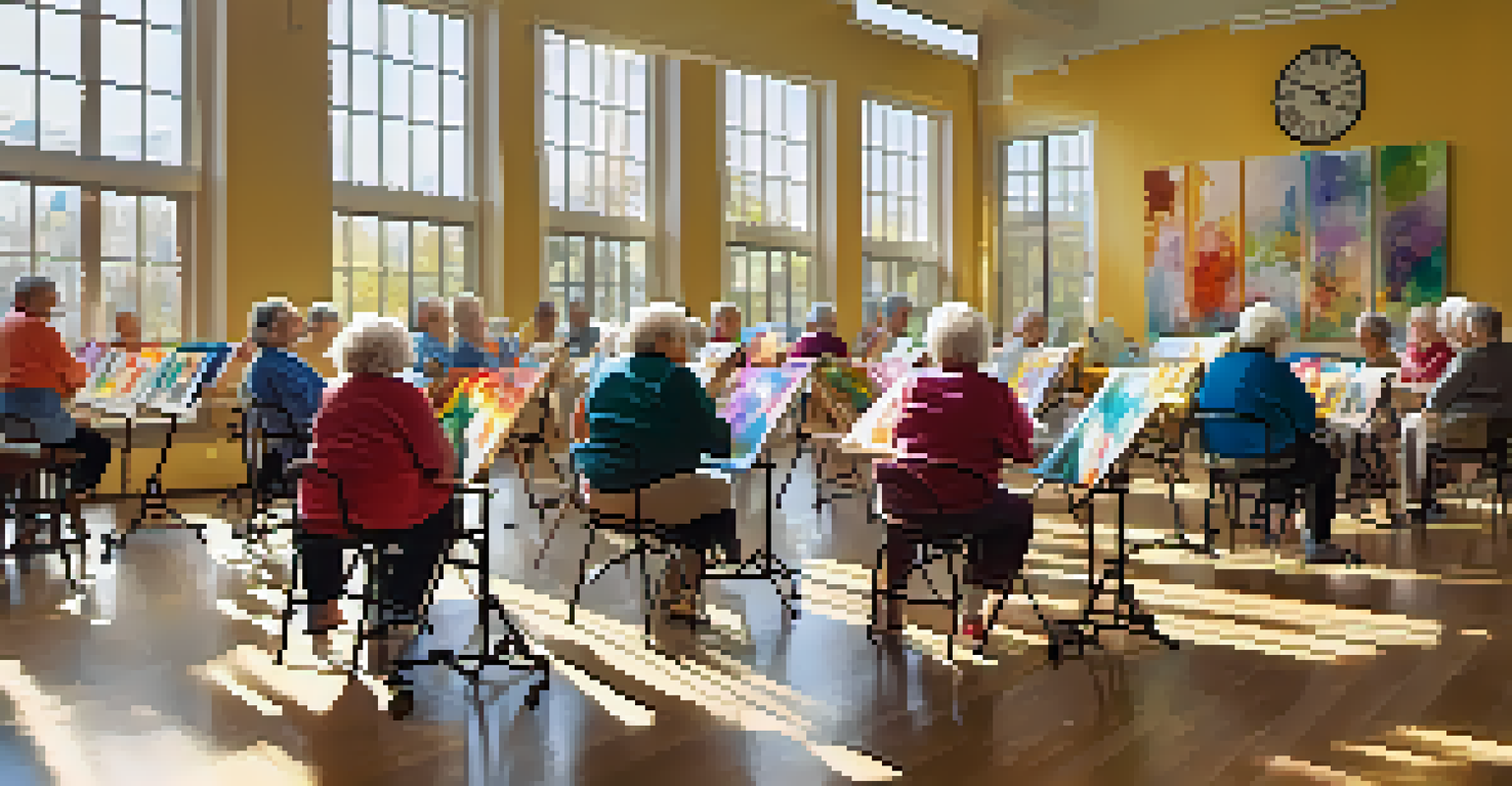Seniors participating in a painting class at a community center, surrounded by colorful artworks and bright sunlight.