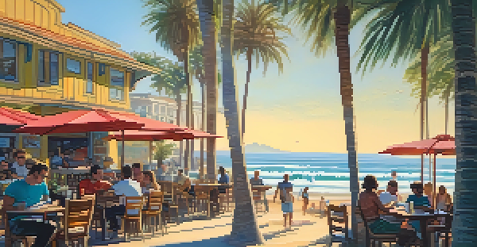 A vibrant beach café scene in Santa Monica, featuring people working on laptops with palm trees and the ocean in the background.