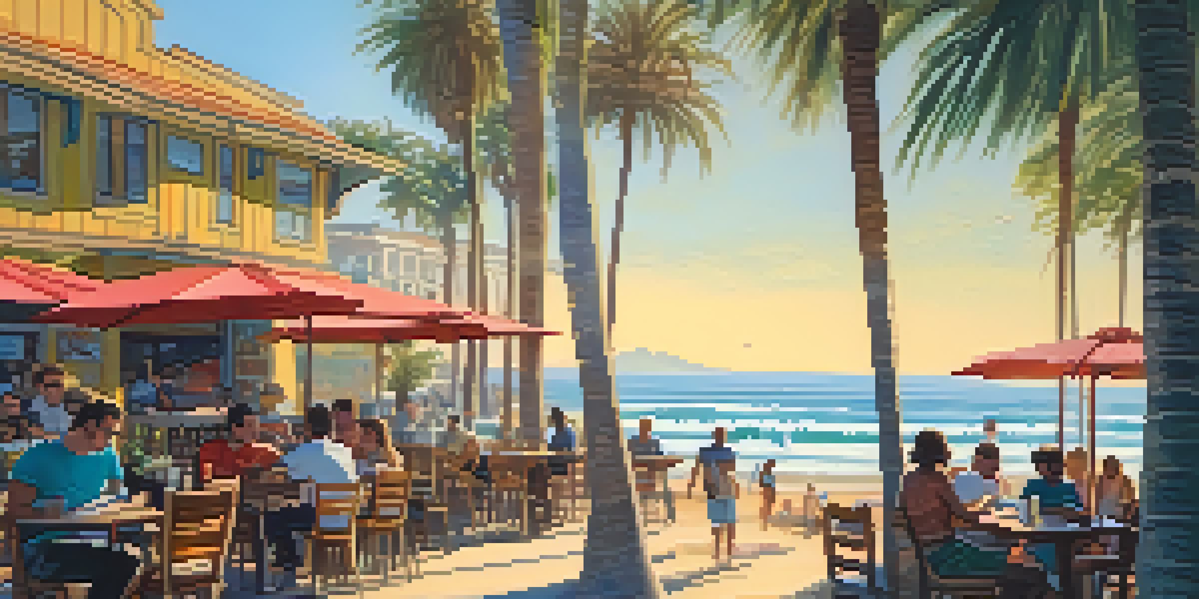 A vibrant beach café scene in Santa Monica, featuring people working on laptops with palm trees and the ocean in the background.