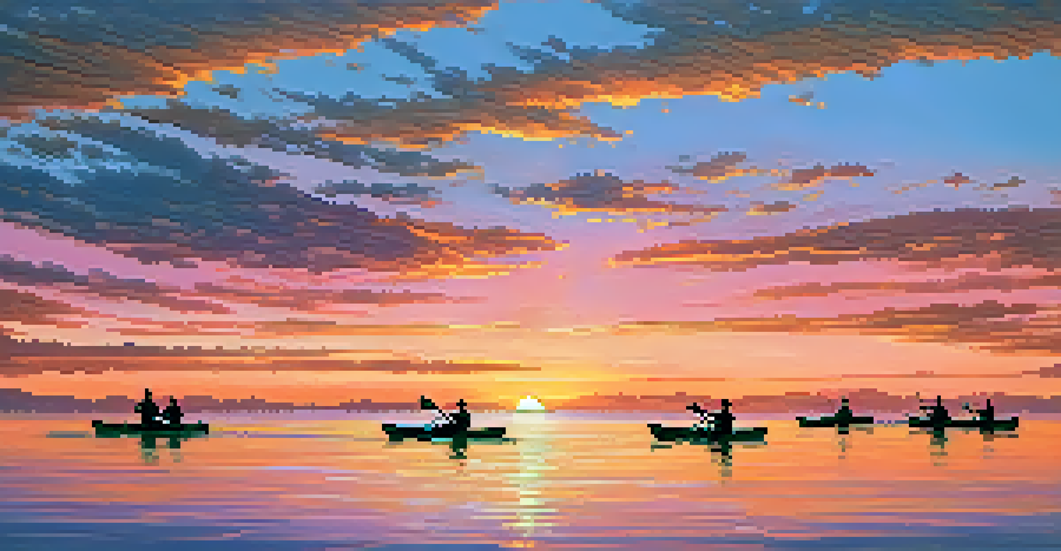 A colorful sunset scene with kayakers on the ocean in Santa Monica.