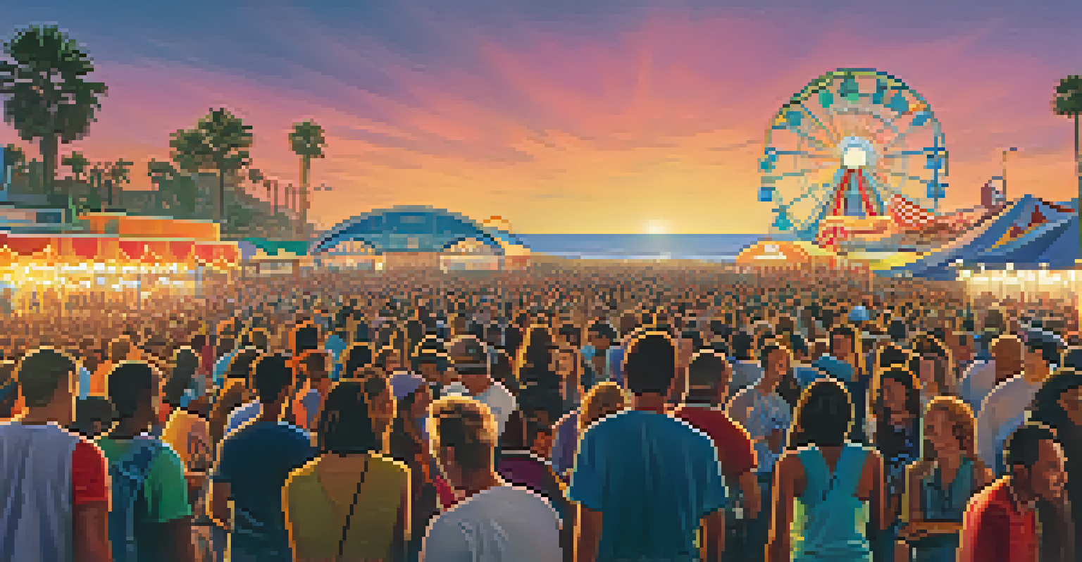A vibrant music festival at Santa Monica Pier at sunset, featuring a crowd enjoying a live performance with colorful lights and food stalls.