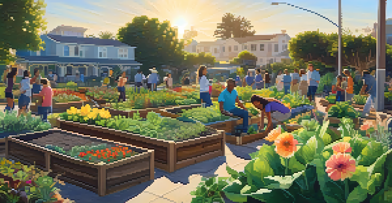 A community urban garden with people tending to plants and vegetables, surrounded by blooming flowers.