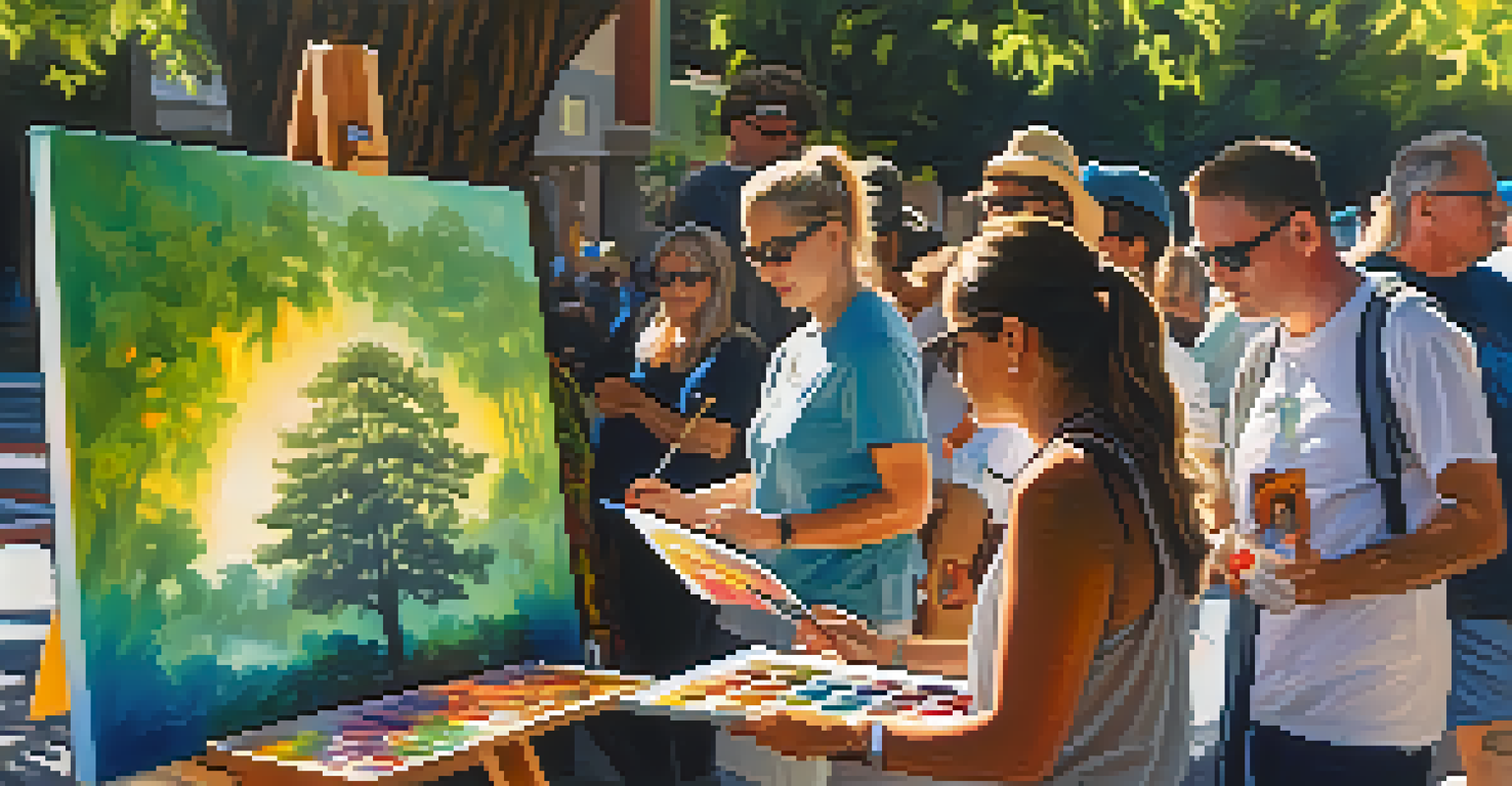 An artist painting on canvas at the Santa Monica Art Walk, surrounded by people admiring their work under warm sunlight.