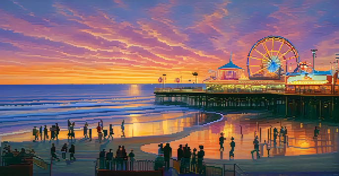 A sunset view over Santa Monica Pier with a carousel and amusement park, filled with people enjoying the vibrant atmosphere.