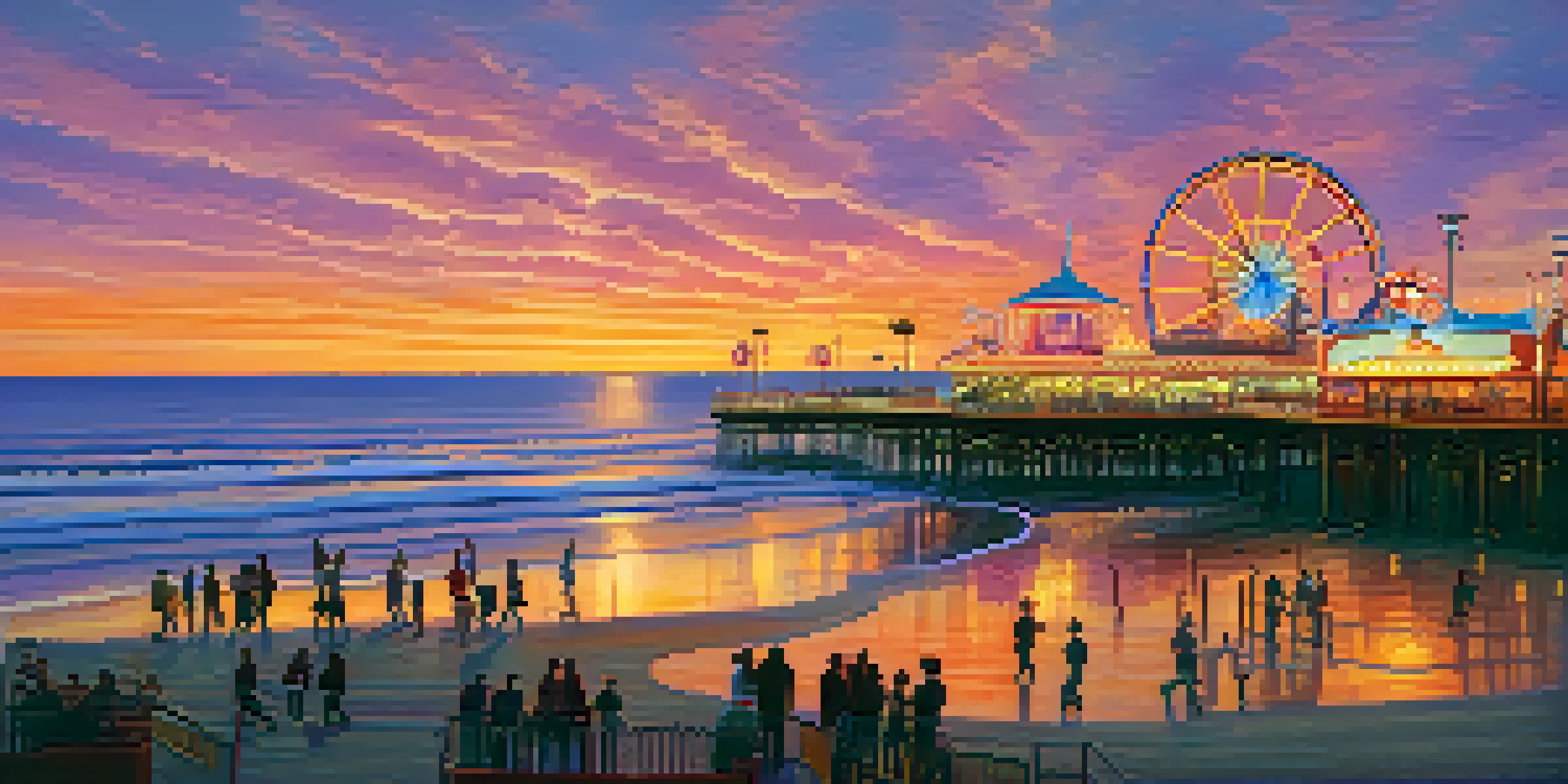 A sunset view over Santa Monica Pier with a carousel and amusement park, filled with people enjoying the vibrant atmosphere.