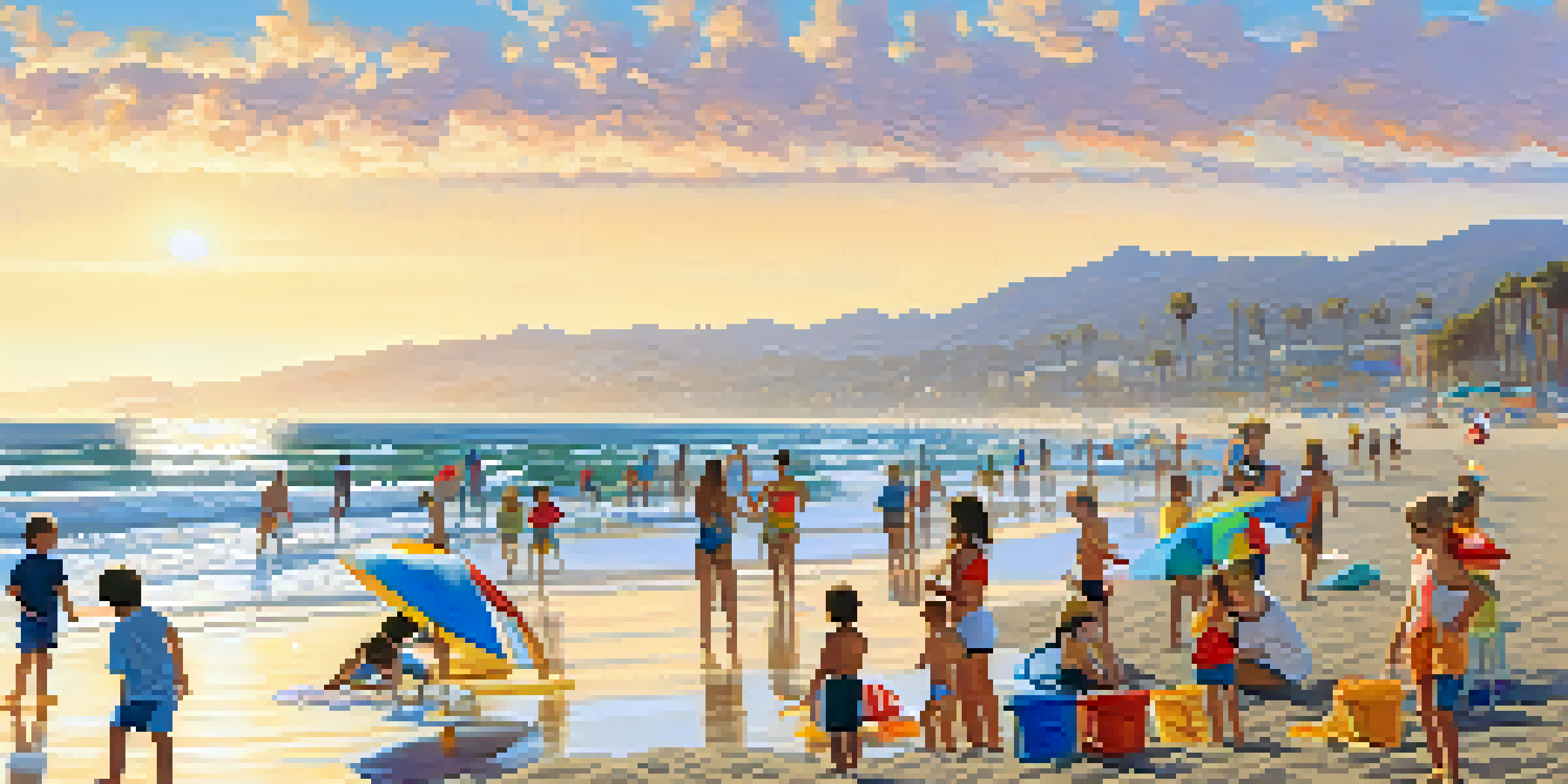 A colorful beach scene in Santa Monica with children learning about ocean safety, under the watchful eye of a lifeguard.