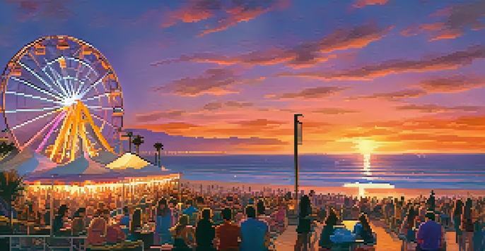 A colorful sunset at Santa Monica Pier with families enjoying a concert, food trucks, and the Ferris wheel.