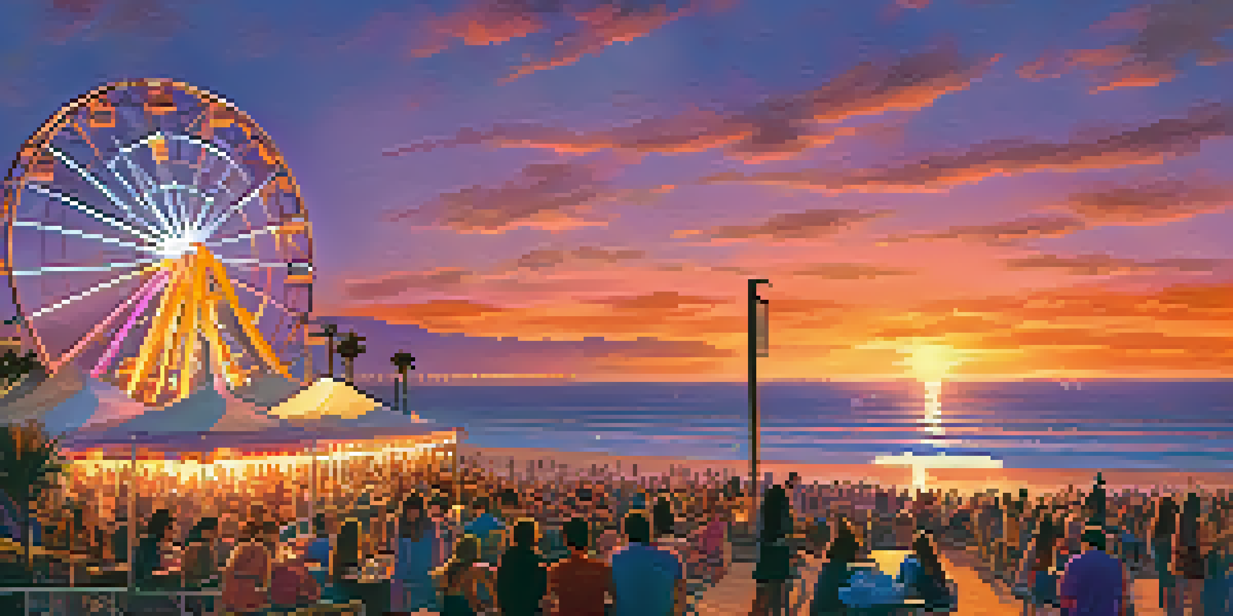 A colorful sunset at Santa Monica Pier with families enjoying a concert, food trucks, and the Ferris wheel.