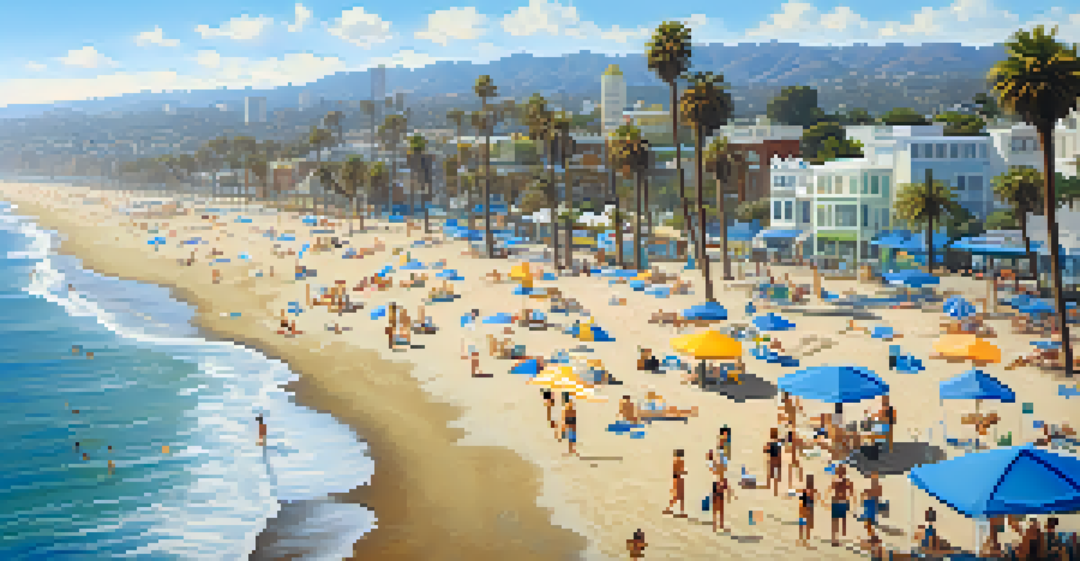 Aerial view of Santa Monica beach with a clean coastline, beachgoers enjoying the sun, and volunteers participating in clean-up efforts.